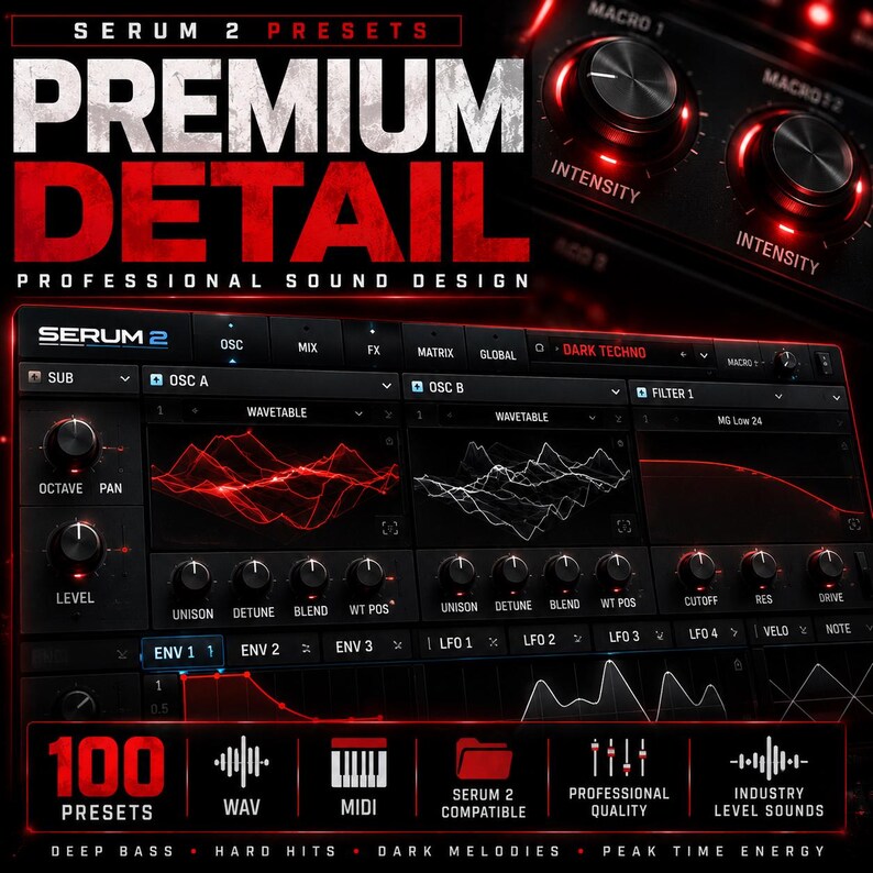 May include: A digital audio workstation (DAW) interface with a dark theme, featuring the text "SERUM 2" and "PREMIUM DETAIL." The interface displays various controls, waveforms, and the text "100 PRESETS." The design includes red accents and the words "PROFESSIONAL SOUND DESIGN."