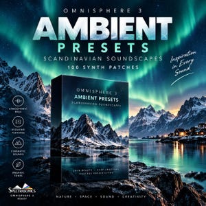 May include: A rectangular product box for Omnisphere 3 Ambient Presets Scandinavian Soundscapes featuring 100 synth patches. The box displays a snowy mountain landscape under a green aurora borealis, with text including Cold Beauty, Deep Emotions, Endless Possibilities, and Spectrasonics Omnisphere 3 Ready.