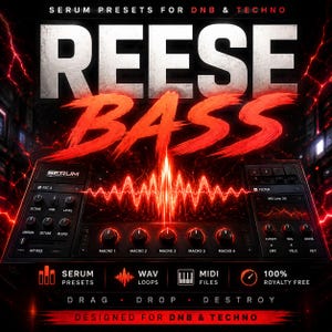 May include: A promotional graphic for Serum presets for DNB & Techno music. The image features the text "REESE BASS" in large, bold, red letters. Below, a digital audio workstation interface is displayed, with various controls and labels. The graphic also includes the text "SERUM PRESETS", "WAV LOOPS", and "MIDI FILES".
