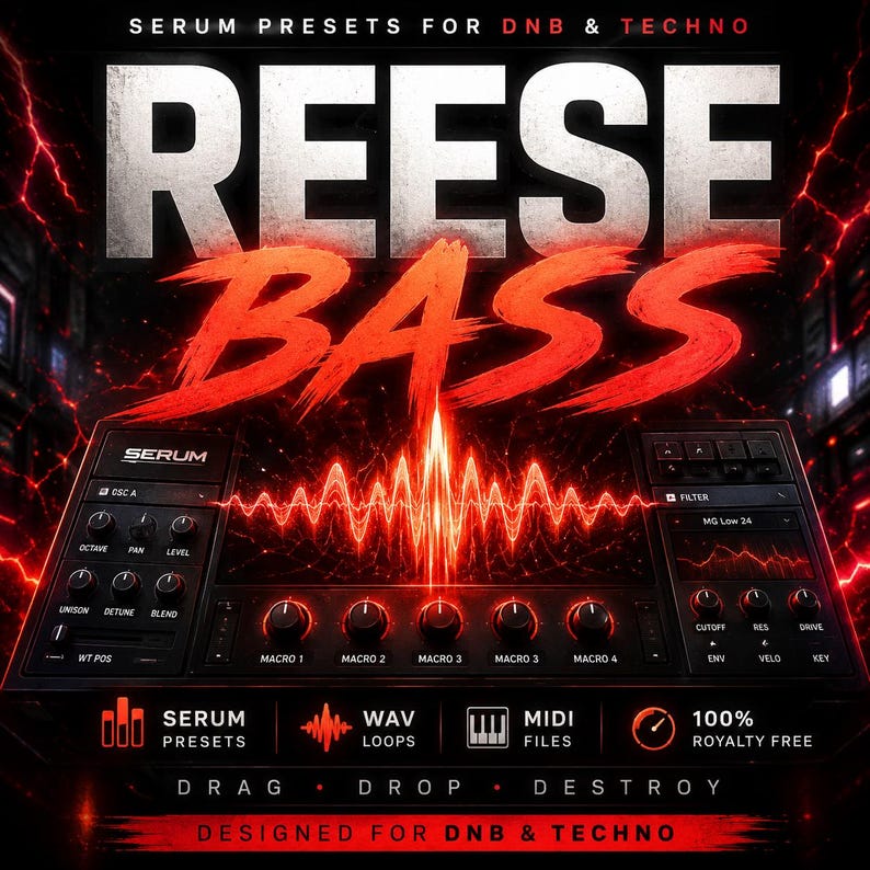 May include: A promotional graphic for Serum presets for DNB & Techno music. The image features the text "REESE BASS" in large, bold, red letters. Below, a digital audio workstation interface is displayed, with various controls and labels. The graphic also includes the text "SERUM PRESETS", "WAV LOOPS", and "MIDI FILES".