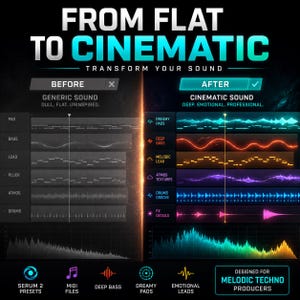 Peut inclure: Graphique num&eacute;rique comparant "Avant" et "Apr&egrave;s" la conception sonore. La section "Avant" pr&eacute;sente des formes d'onde ternes, tandis que la section "Apr&egrave;s" affiche des formes d'onde vives et color&eacute;es. Le texte comprend "From Flat to Cinematic".