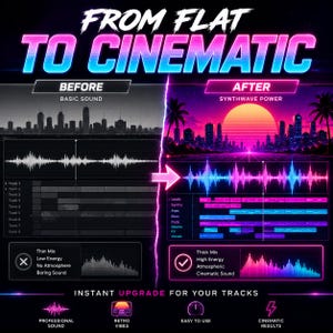 May include: A split-screen comparison graphic titled FROM FLAT TO CINEMATIC. The left side shows a grayscale audio waveform labeled BEFORE and BASIC SOUND. The right side shows a vibrant synthwave-style waveform labeled AFTER and SYNTHWAVE POWER.