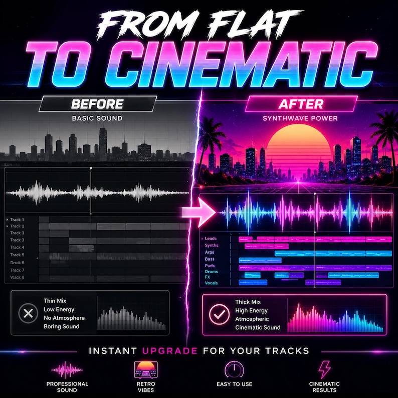 May include: A split-screen comparison graphic titled FROM FLAT TO CINEMATIC. The left side shows a grayscale audio waveform labeled BEFORE and BASIC SOUND. The right side shows a vibrant synthwave-style waveform labeled AFTER and SYNTHWAVE POWER.