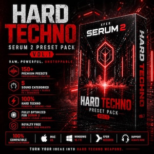 May include: A product box for "Hard Techno Serum 2 Preset Pack Vol. 1" with red and white text on a black background. The box features a geometric design and lists features like 150+ premium presets and 5 sound categories.
