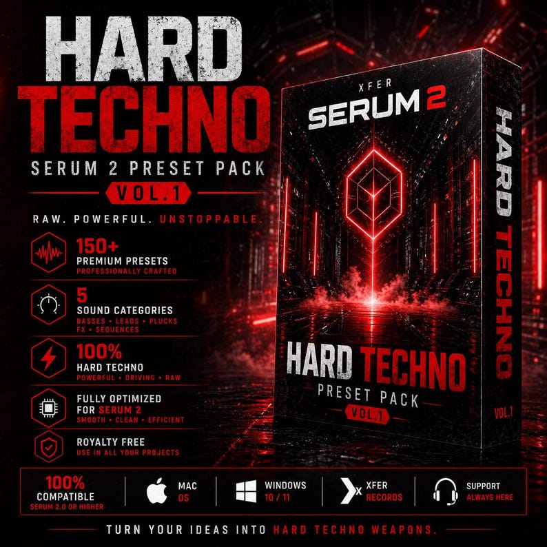 May include: A product box for "Hard Techno Serum 2 Preset Pack Vol. 1" with red and white text on a black background. The box features a geometric design and lists features like 150+ premium presets and 5 sound categories.