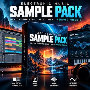 May include: A box set for an electronic music sample pack featuring Ableton templates, MIDI, WAV, and Serum 2 presets. The box displays a mountain landscape with a glowing rectangular portal, text reading "ELECTRONIC MUSIC SAMPLE PACK", and icons for software tools.