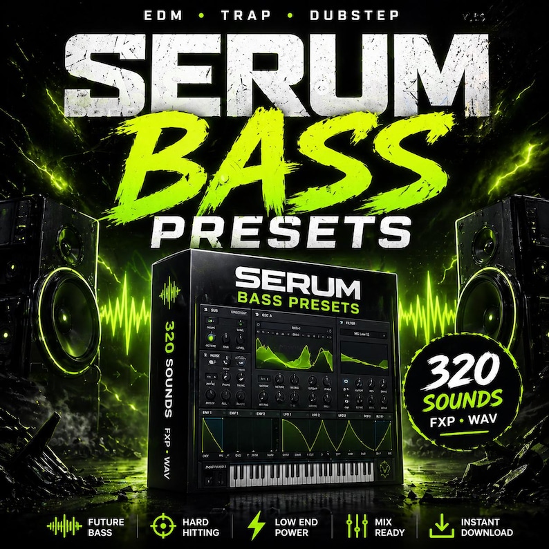 May include: A promotional image for Serum Bass Presets, featuring a black box with the product name in large, neon green letters. The image includes text such as "EDM, Trap, Dubstep" and "320 Sounds." Two speakers flank the box, and a green waveform graphic is present.