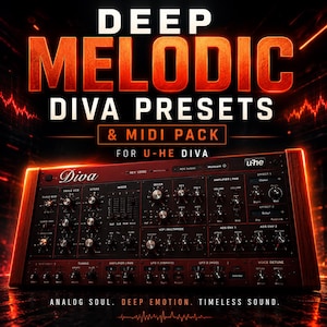 May include: A digital audio synthesizer interface labeled Diva with numerous control knobs and sliders, set against a dark background with orange glowing text that reads DEEP MELODIC DIVA PRESETS & MIDI PACK FOR U-HE DIVA and ANALOG SOUL. DEEP EMOTION. TIMELESS SOUND.