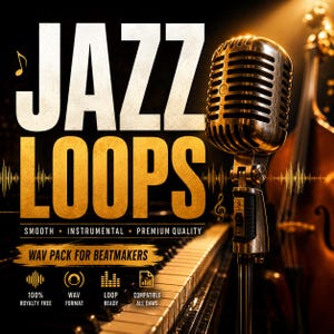 Op de afbeelding: Een zilverkleurige microfoon in vintage-stijl voor een piano en contrabas. De tekst luidt JAZZ LOOPS, SMOOTH INSTRUMENTAL PREMIUM QUALITY, WAV PACK FOR BEATMAKERS, 100% ROYALTY FREE, WAV FORMAT, LOOP READY en COMPATIBLE ALL DAWS.