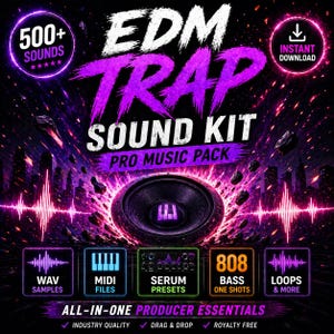 May include: A promotional graphic for an EDM Trap Sound Kit. The design features a large speaker in the center, with the words "EDM TRAP SOUND KIT" in large, stylized text. Additional text includes "500+ Sounds", "Instant Download", and "All-in-One Producer Essentials".
