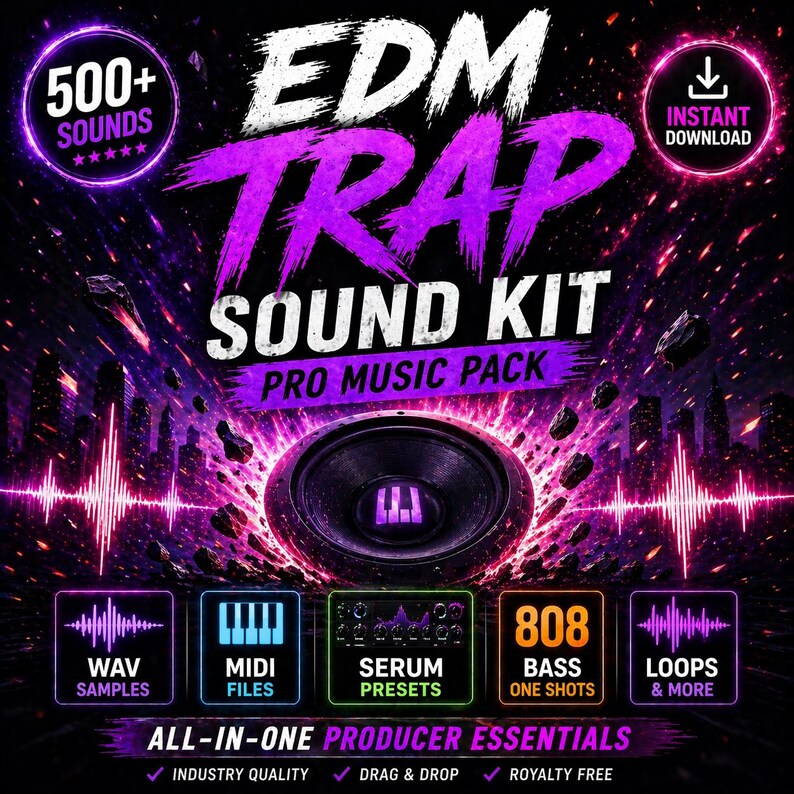 May include: A promotional graphic for an EDM Trap Sound Kit. The design features a large speaker in the center, with the words "EDM TRAP SOUND KIT" in large, stylized text. Additional text includes "500+ Sounds", "Instant Download", and "All-in-One Producer Essentials".