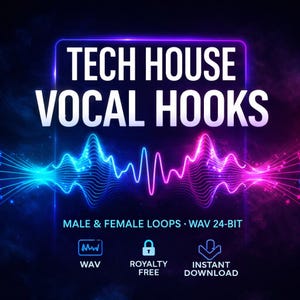 Può includere: Grafica digitale con il testo "TECH HOUSE VOCAL HOOKS" in bianco. Sotto, un design a forma d'onda blu e rosa. La grafica include anche il testo "MALE & FEMALE LOOPS • WAV 24-BIT" e icone per WAV, Royalty Free e Download Istantaneo.