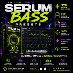 May include: A promotional image for "Serum Bass Presets" featuring a black box with the product name and a speaker graphic. The image highlights 320 premium bass sounds, FXP presets, WAV loops, and compatibility with Serum software. Text includes "Maximum Impact. Endless Possibilities."