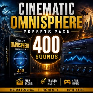 May include: A promotional image for a Cinematic Omnisphere Presets Pack, featuring a black box with the product name and a digital audio workstation interface. The image highlights 400 sounds, with icons for film scores, trailer music, and game music.