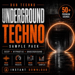 May include: A promotional graphic for a "Dub Techno" sample pack. The design features bold orange and white text on a dark background, with the words "UNDERGROUND TECHNO" prominently displayed. Includes "50+ Premium Sounds" and "Instant Download" text.