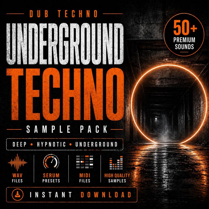 May include: A promotional graphic for a "Dub Techno" sample pack. The design features bold orange and white text on a dark background, with the words "UNDERGROUND TECHNO" prominently displayed. Includes "50+ Premium Sounds" and "Instant Download" text.