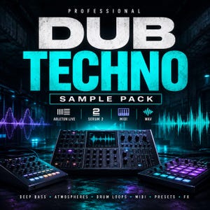 May include: A digital music production sample pack titled Professional Dub Techno. The graphic features a central synthesizer console flanked by two smaller controllers, with neon blue text, audio waveforms, and icons for Ableton Live, Serum 2, MIDI, and WAV formats.
