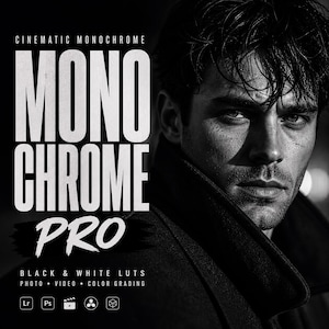 Può includere: Immagine promozionale in bianco e nero con il volto di un uomo e il testo "MONO CHROME PRO". Il testo "CINEMATIC MONOCHROME" è in alto, con "BLACK & WHITE LUTS PHOTO VIDEO COLOR GRADING" in basso. Sono presenti anche icone software.