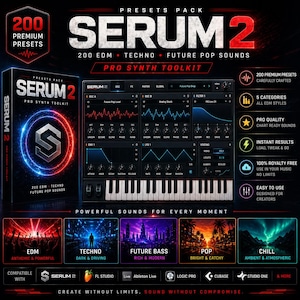 K&ouml;nnte beinhalten: Werbebild f&uuml;r Serum 2, ein professionelles Synth-Toolkit. Das Bild zeigt eine Produktbox, eine digitale Audio-Workstation-Oberfl&auml;che und Symbole, die Funktionen wie 200 Premium-Presets und lizenzfreie Nutzung hervorheben. Die Farbgebung ist haupts&auml;chlich Schwarz, Rot und Blau.