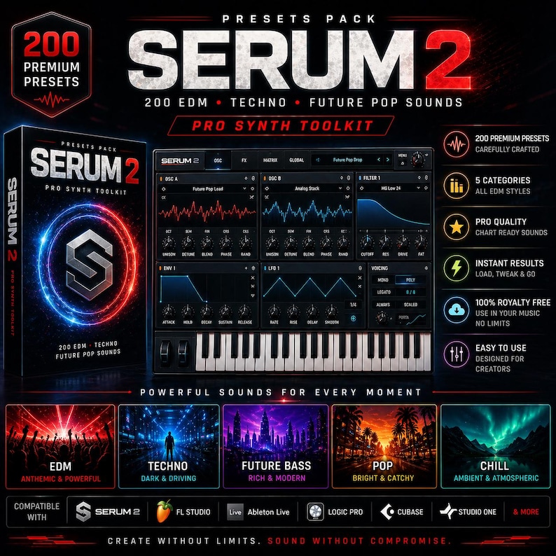 K&ouml;nnte beinhalten: Werbebild f&uuml;r Serum 2, ein professionelles Synth-Toolkit. Das Bild zeigt eine Produktbox, eine digitale Audio-Workstation-Oberfl&auml;che und Symbole, die Funktionen wie 200 Premium-Presets und lizenzfreie Nutzung hervorheben. Die Farbgebung ist haupts&auml;chlich Schwarz, Rot und Blau.