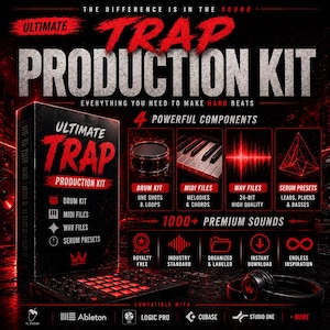 Puede incluir: Imagen promocional de un Ultimate Trap Production Kit. La imagen presenta una caja negra con el texto "Ultimate Trap Production Kit" en rojo y blanco. Incluye kits de bater&iacute;a, archivos MIDI, archivos WAV y presets de suero. La imagen tambi&eacute;n muestra una bater&iacute;a, un teclado y auriculares.