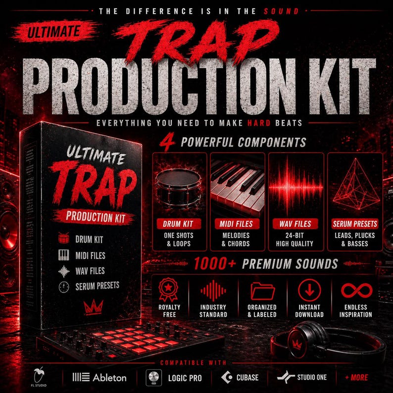 Puede incluir: Imagen promocional de un Ultimate Trap Production Kit. La imagen presenta una caja negra con el texto "Ultimate Trap Production Kit" en rojo y blanco. Incluye kits de bater&iacute;a, archivos MIDI, archivos WAV y presets de suero. La imagen tambi&eacute;n muestra una bater&iacute;a, un teclado y auriculares.