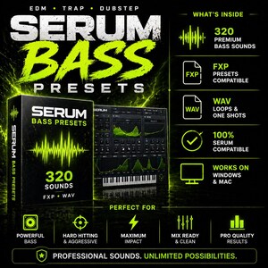May include: Black graphic with the text "SERUM BASS PRESETS" in neon green. The image advertises 320 premium bass sounds, FXP presets, and WAV loops. It is compatible with Serum and works on Windows and Mac.