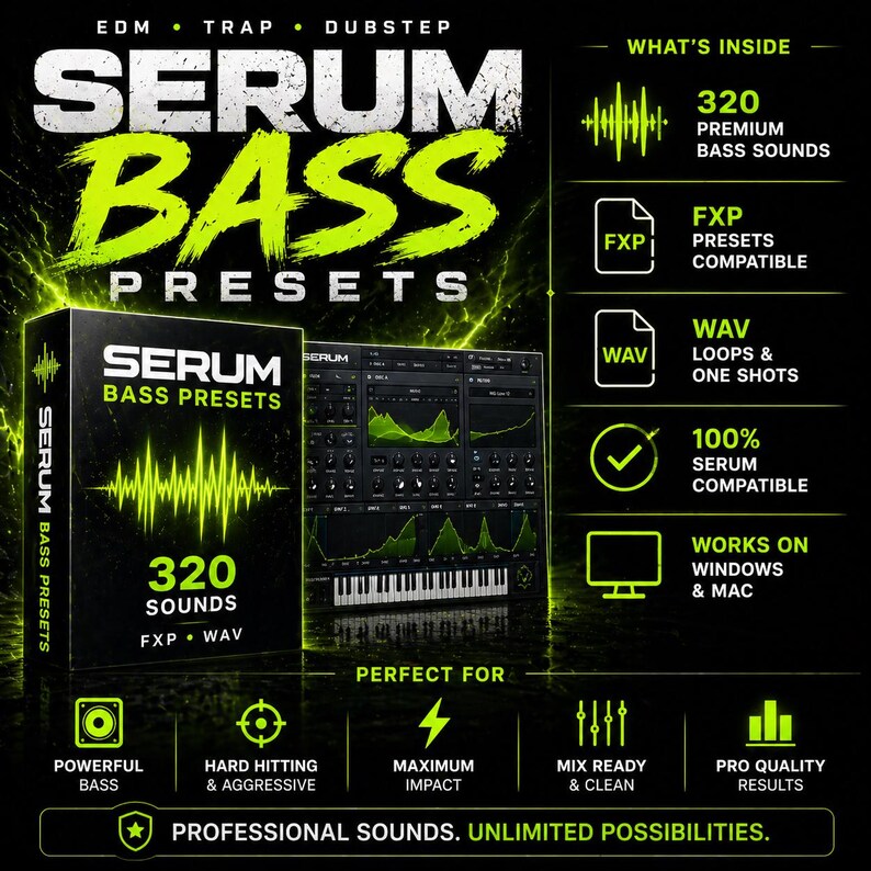 May include: Black graphic with the text "SERUM BASS PRESETS" in neon green. The image advertises 320 premium bass sounds, FXP presets, and WAV loops. It is compatible with Serum and works on Windows and Mac.