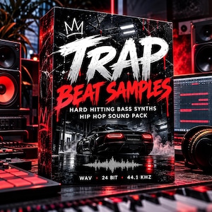 May include: A rectangular product box for Trap Beat Samples featuring a black and red design with a crown icon, a sports car, and text reading TRAP BEAT SAMPLES, HARD HITTING BASS SYNTHS, HIP HOP SOUND PACK, WAV, 24 BIT, and 44.1 KHZ.