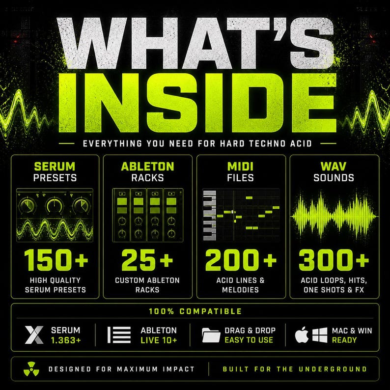 K&ouml;nnte beinhalten: Schwarze Grafik mit dem Text "WHAT'S INSIDE" in Wei&szlig; und Neongr&uuml;n. Sie listet 150+ Serum-Presets, 25+ Ableton-Racks, 200+ MIDI-Dateien und 300+ WAV-Sounds auf. Das Bild ist f&uuml;r Hard Techno Acid konzipiert.