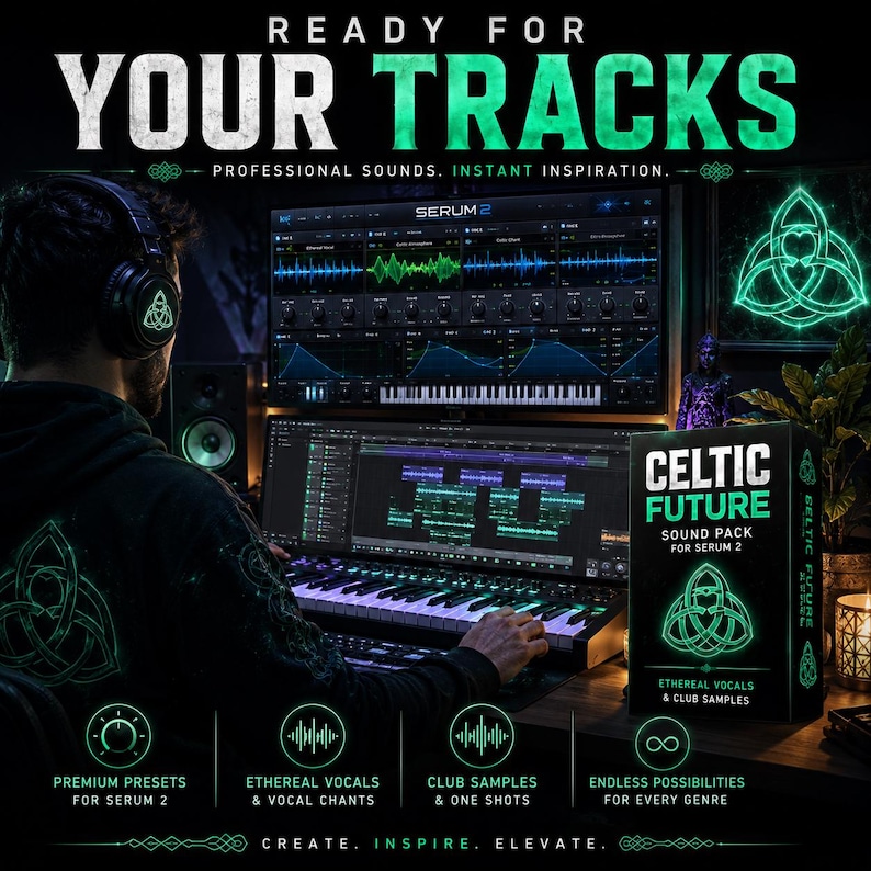 May include: A digital music production workspace featuring a computer monitor displaying Serum 2 software, a MIDI keyboard, and a box labeled Celtic Future Sound Pack for Serum 2 with ethereal vocals and club samples text in green and white.