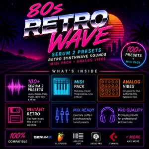 Op de afbeelding: Een advertentie voor digitale audioproducten met een retro jaren 80-thema. De afbeelding toont de tekst "80s Retro Wave" in een neonroze en zilveren gradi&euml;nt. Het promoot Serum 2 presets, retro synthwave geluiden en een MIDI-pack.