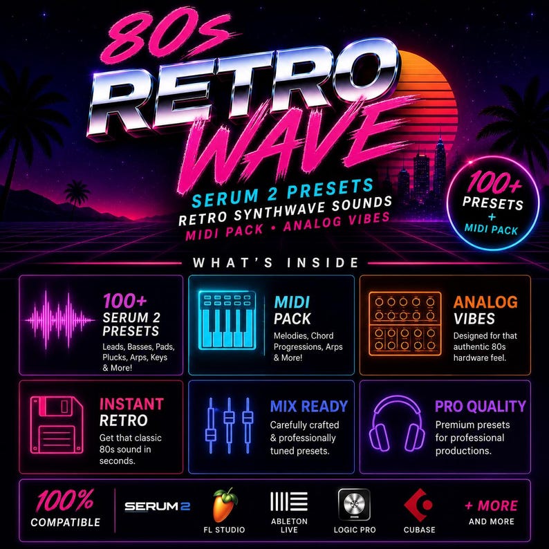 Op de afbeelding: Een advertentie voor digitale audioproducten met een retro jaren 80-thema. De afbeelding toont de tekst "80s Retro Wave" in een neonroze en zilveren gradi&euml;nt. Het promoot Serum 2 presets, retro synthwave geluiden en een MIDI-pack.