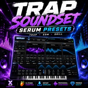 May include: A digital interface for Serum software displaying a synthesizer plugin with purple and blue waveforms. The text reads TRAP SOUNDSET SERUM PRESETS TRAP EDM DRILL. The background features glowing blue speakers and purple light effects.