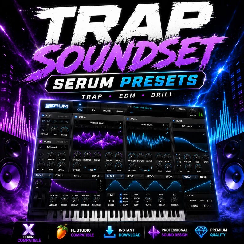 May include: A digital interface for Serum software displaying a synthesizer plugin with purple and blue waveforms. The text reads TRAP SOUNDSET SERUM PRESETS TRAP EDM DRILL. The background features glowing blue speakers and purple light effects.