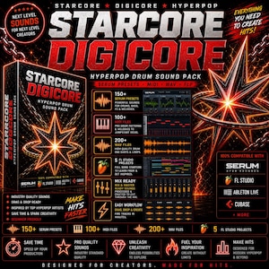 May include: A promotional graphic for a "Starcore Digicore" Hyperpop drum sound pack. The design features a black box with the product name and a starburst graphic, alongside icons and text highlighting features like serum presets, MIDI files, and WAV files.