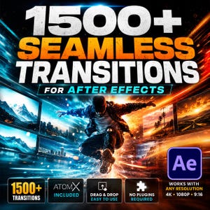 Peut inclure: Visuel promotionnel pour After Effects, annonçant "1500+ Transitions Seamless". L'image présente une personne en mouvement, avec du texte soulignant la facilité d'utilisation et la compatibilité avec les résolutions 4K et 1080P.