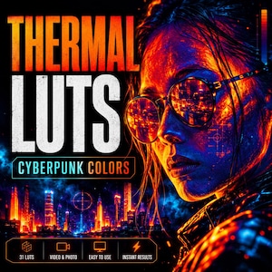 May include: A digital art image with the text "THERMAL LUTS" in large white letters, and "CYBERPUNK COLORS" in a teal box. A woman with glasses is in the image, with a cityscape reflected in the lenses. The image also includes icons for video, photo, and easy use.