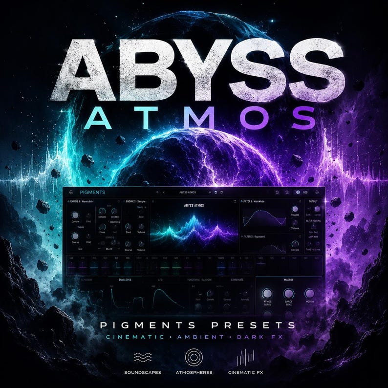 May include: Digital art promoting "ABYSS ATMOS" with a cosmic theme. The image features a software interface with a waveform display, set against a backdrop of swirling nebulae in shades of blue, purple, and teal. Text includes "PIGMENTS" and "PRESETS".