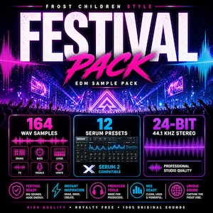 May include: A promotional graphic for a "Festival Pack" EDM sample pack. The design features a vibrant color scheme of pink, blue, and purple, with the words "Festival Pack" prominently displayed. It includes information on WAV samples, Serum presets, and audio quality.