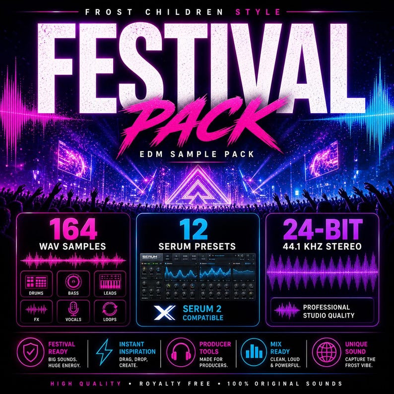 May include: A promotional graphic for a "Festival Pack" EDM sample pack. The design features a vibrant color scheme of pink, blue, and purple, with the words "Festival Pack" prominently displayed. It includes information on WAV samples, Serum presets, and audio quality.