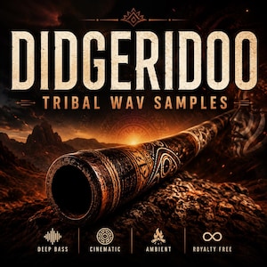 May include: An image featuring a didgeridoo with the text "DIDGERIDOO TRIBAL WAV SAMPLES." The didgeridoo is brown with white tribal patterns. The background shows a sunset over a mountain range. Icons for deep bass, cinematic, ambient, and royalty-free are at the bottom.