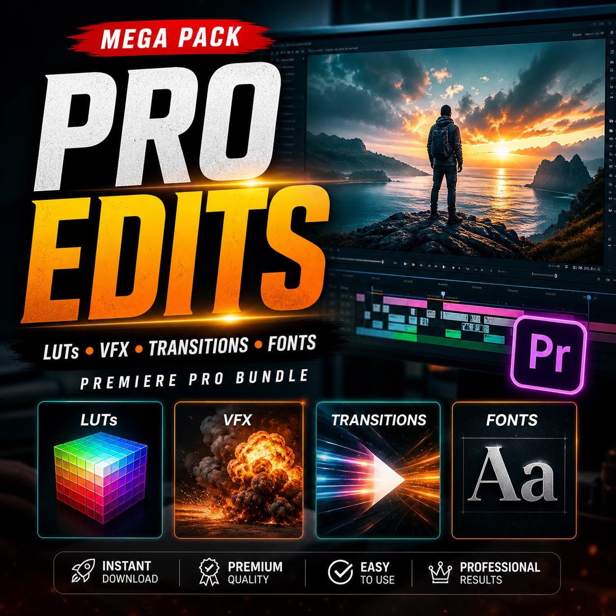 Vfx Font Video Editing Mega Pack Luts VFX Transitions Fonts Premiere Pro Bundle ...