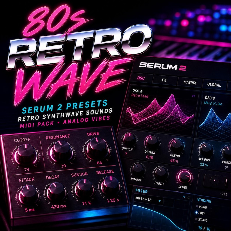 Op de afbeelding: Digitale afbeelding met de tekst "80s RETRO WAVE" in roze en zilver. De afbeelding promoot "SERUM 2 PRESETS" met retro synthwave geluiden en een MIDI-pakket. Displays van een digitale audio workstation interface zijn ook zichtbaar.
