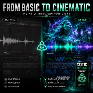May include: A digital advertisement for a sound pack titled Celtic Future for Serum 2. The image features a split-screen comparison showing a flat audio waveform on the left and a vibrant, cinematic, ethereal vocal scene on the right.