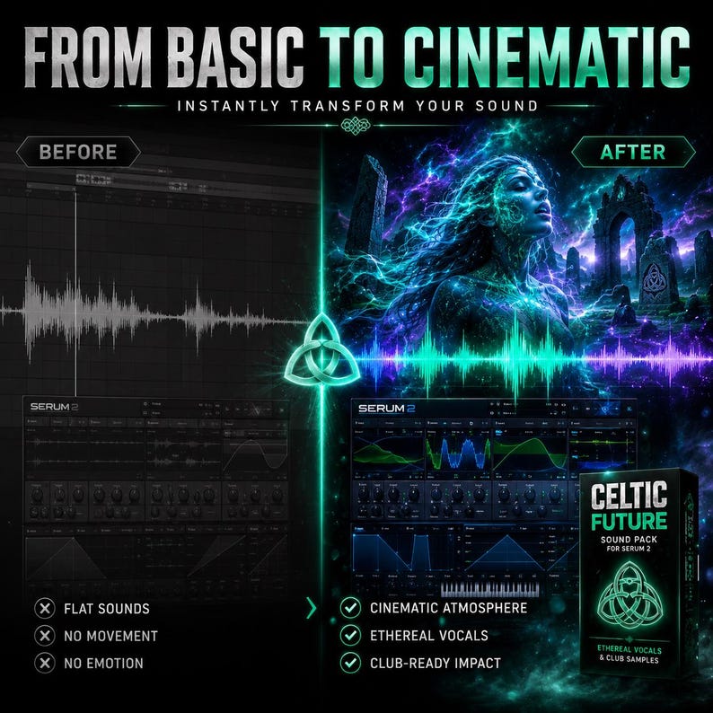 May include: A digital advertisement for a sound pack titled Celtic Future for Serum 2. The image features a split-screen comparison showing a flat audio waveform on the left and a vibrant, cinematic, ethereal vocal scene on the right.
