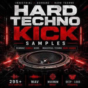 Puede incluir: Una portada de producto de audio digital con un gran altavoz negro centrado sobre un fondo industrial iluminado en rojo. El texto dice: INDUSTRIAL SCHRANZ HARD TECHNO, HARD TECHNO KICK SAMPLES, SCHRANZ RUMBLE KICKS, INDUSTRIAL TECHNO DRUM SOUNDS, 295+ KICK SAMPLES, WAV 24-BIT QUALITY, MAXIMUM IMPACT, DEEP LOUD POWERFUL.