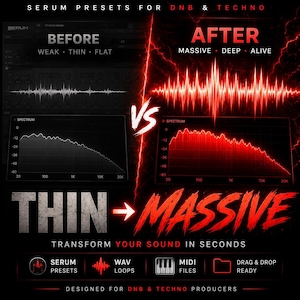 May include: A promotional graphic for Serum presets for DNB & Techno music. The image contrasts "Before" and "After" sound wave visualizations, with text highlighting improvements. Includes icons for Serum presets, WAV loops, MIDI files, and drag & drop functionality.
