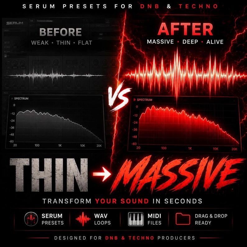 May include: A promotional graphic for Serum presets for DNB & Techno music. The image contrasts "Before" and "After" sound wave visualizations, with text highlighting improvements. Includes icons for Serum presets, WAV loops, MIDI files, and drag & drop functionality.