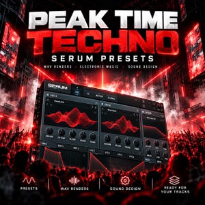 May include: A digital interface for Serum software featuring red waveform displays, black control knobs, and tabs for OSC, FX, MATRIX, and GLOBAL. The text reads PEAK TIME TECHNO SERUM PRESETS, WAV RENDERS, ELECTRONIC MUSIC, SOUND DESIGN, and READY FOR YOUR TRACKS.